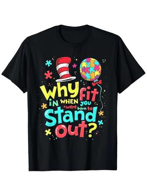 Autism Awareness "Why Fit In" Cat In Hat Graphic T-Shirt - Vintage Style, Breath