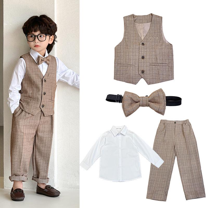 2025 Autumn British Plaid Tuxedo Suit for Kids: Boys' & Girls' Performance Vest Costume
