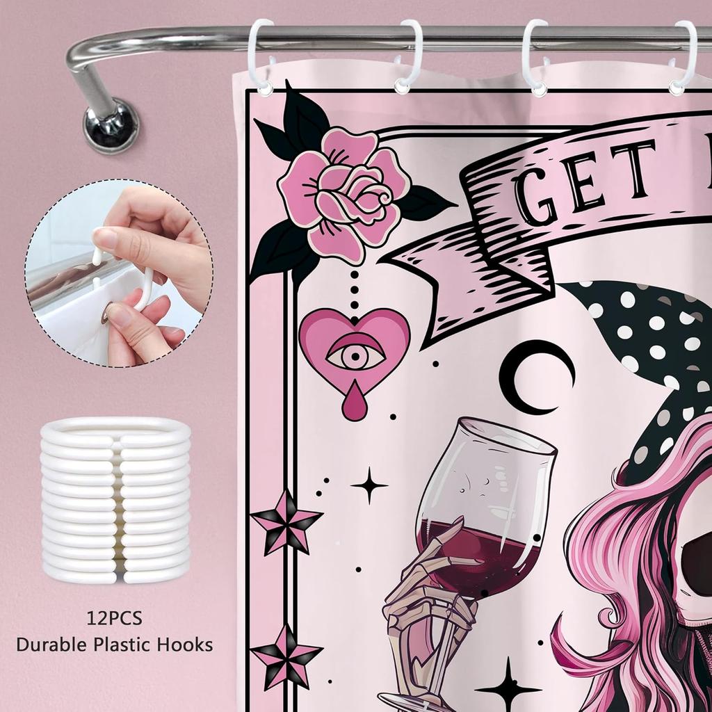 Funny Skull Skeleton Shower Curtain Halloween Pink Girl Gothic Spooky Black Flower Rose Floral Red Wine Unique Scary Women