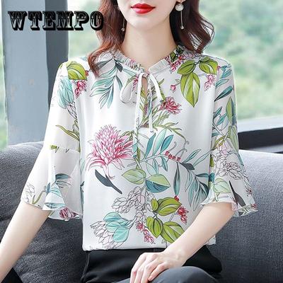 Vintage Printed Lace Up Hollow Out Puff Sleeve Loose Chiffon Blouse Summer New Casual Pullovers Oversized Commute Women's Shirt