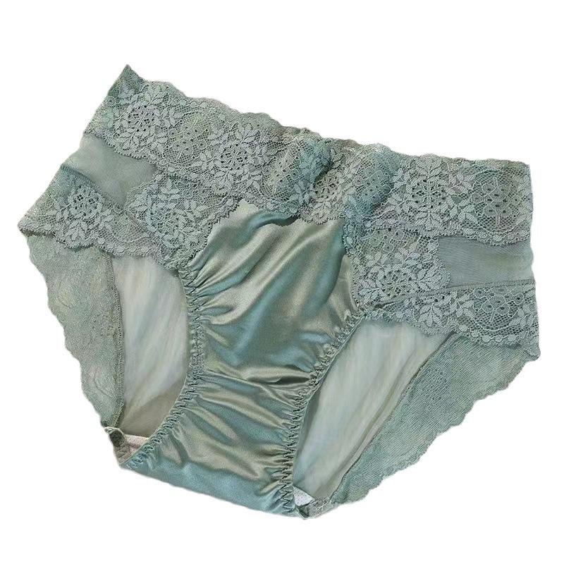 Women's High-End French Lace Satin Mid-Rise Mesh Panties with Pure Cotton Crotch