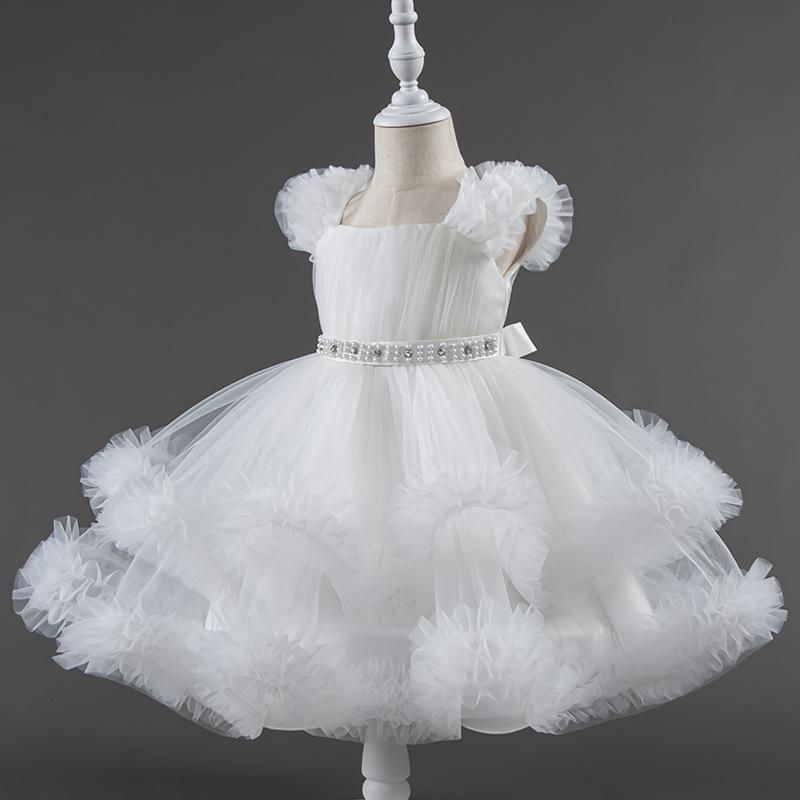 Girls Puffy Tulle Princess Dress Kids Birthday Party Stage Performance Outfit 90cm белый
