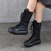 Johnature Genuine Leather Round Toe Thick Soled Mid-calf Boots Retro Lace Up Side Zipper Versatile Women's Boots