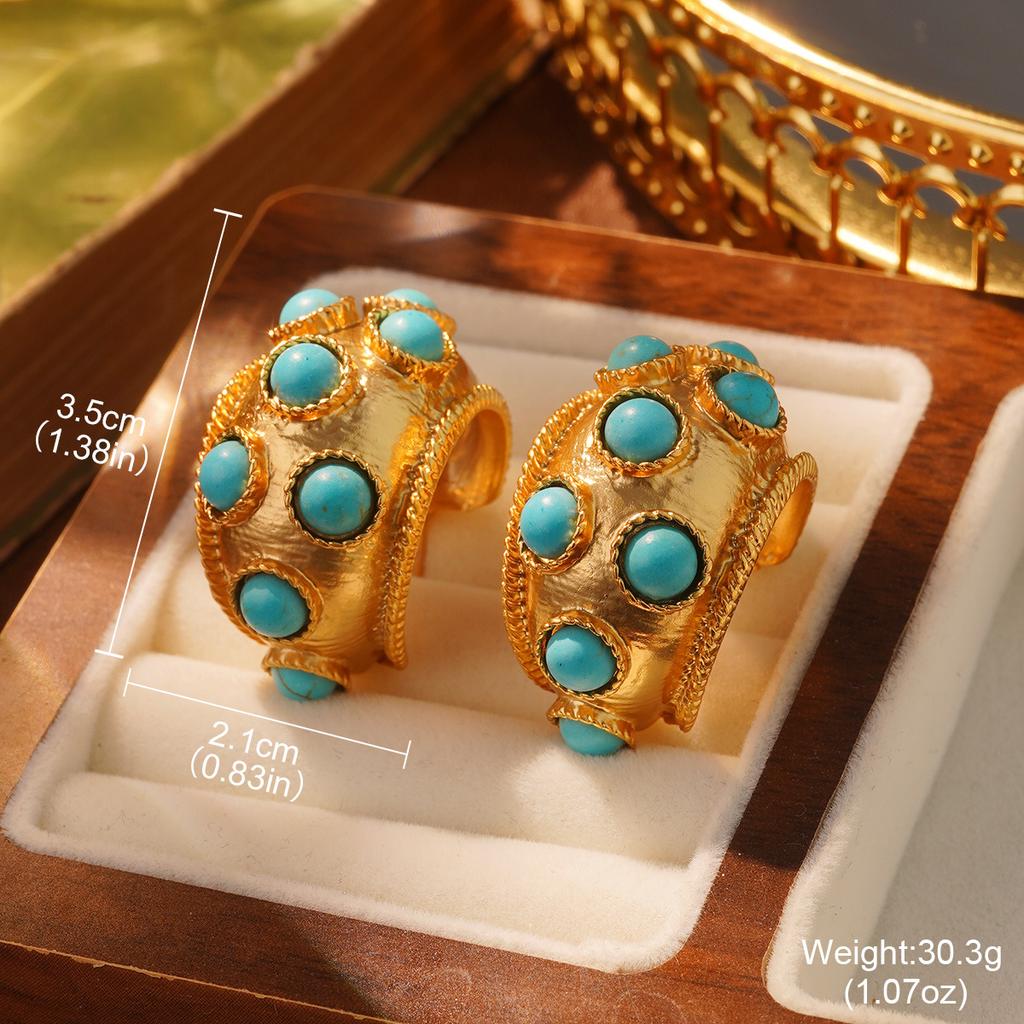 Medieval vintage Russian gold earrings turquoise temperament retro niche silver needle French stud earrings tiger eye ears