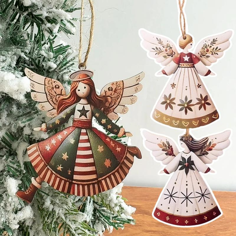 Vintage Christmas Wooden Angel Ornaments Wood Laser-Cut Rustic Christmas Tree Pendant Decorations for Home Xmas Winter Party