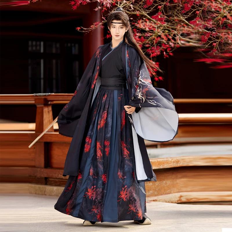 Herren Hanfu-Set im Wei-Jin-Stil, Schwarz & Rot mit Spinnenlilien-Print, Schwertkämpfer-Kostüm für den täglichen Gebrauch & Cosplay