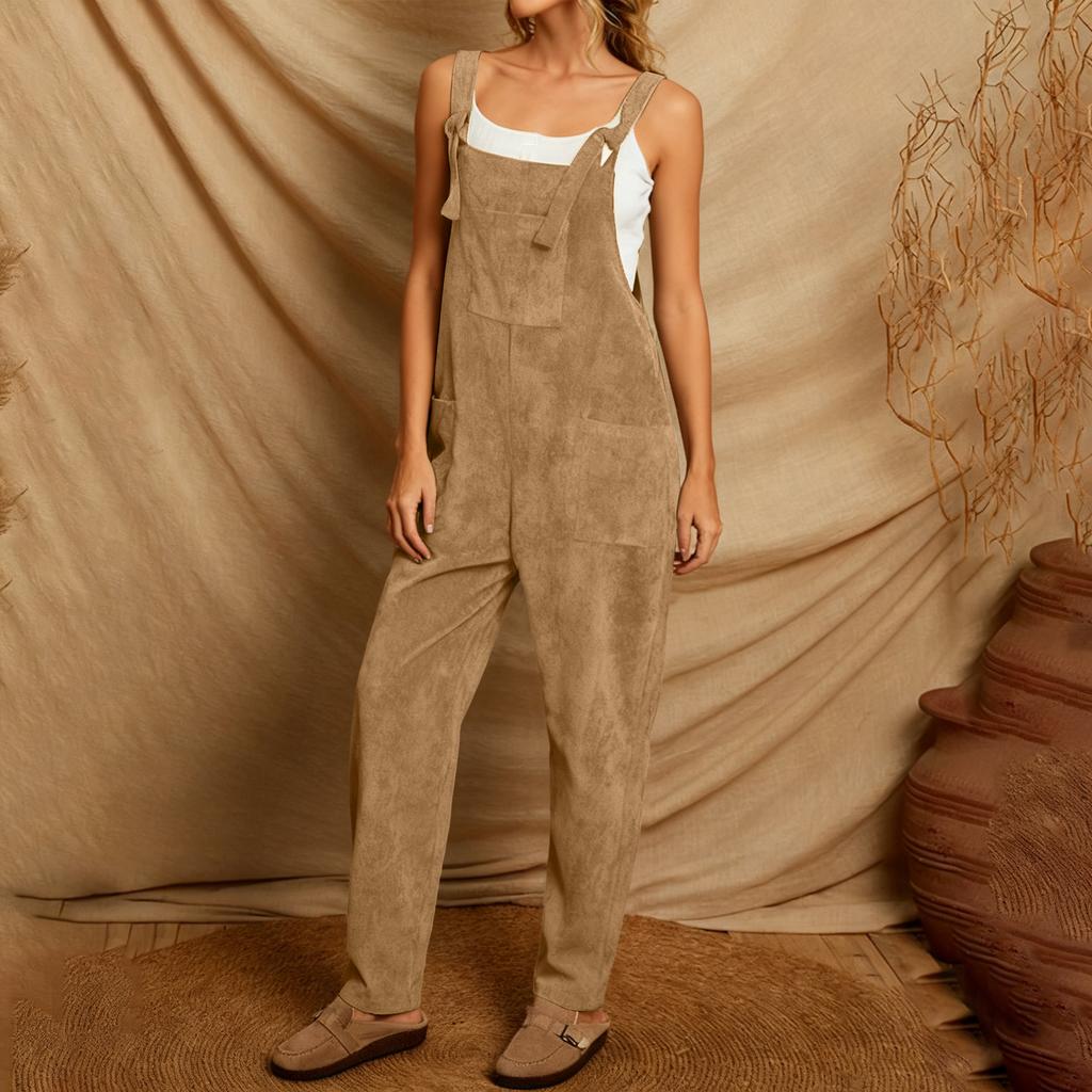 Women's Solid Color Corduroy Wide Leg Overalls Sleeveless Vest Pocket Casual Jumpsuit