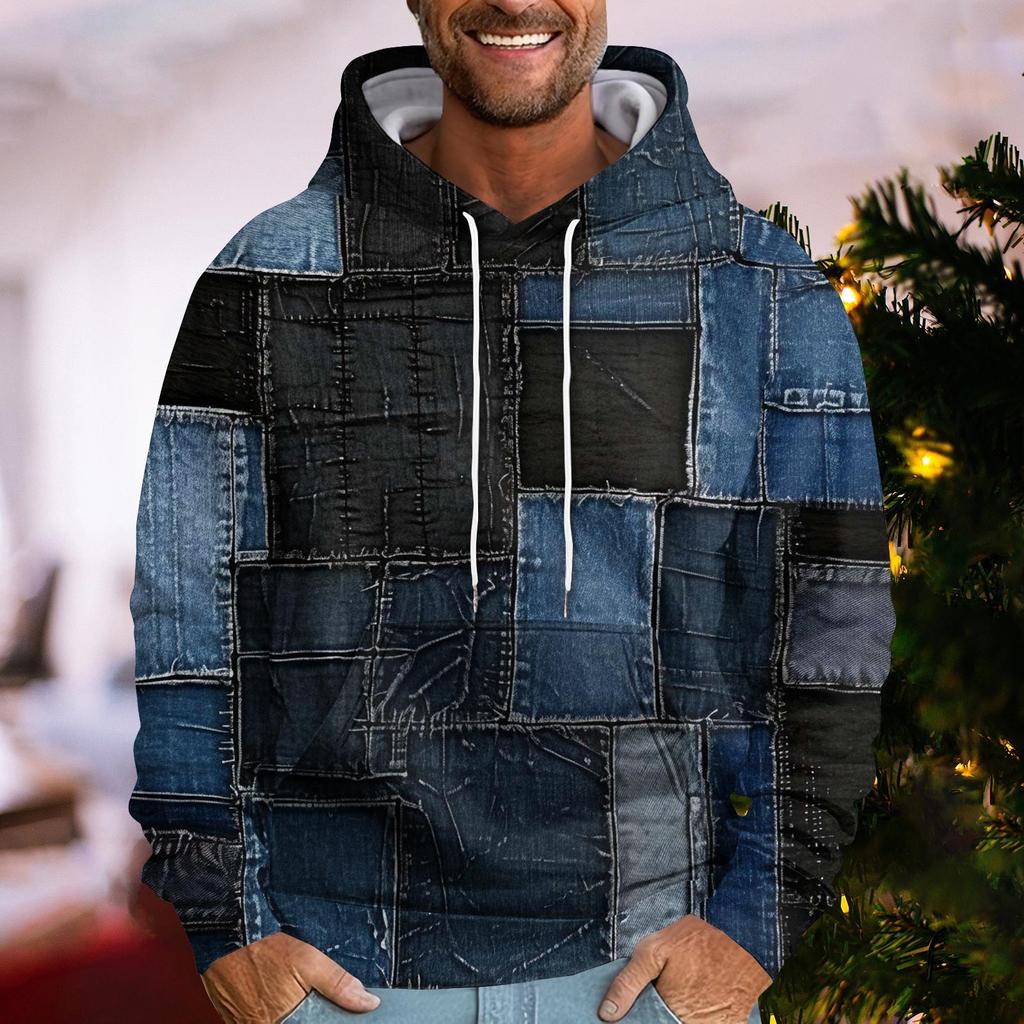 Denim Plaid Printed Mens Women Universal Hoodies Autumn Fashion Street Men Sweatshirts Casual Loose Men Clothing Tops Hoodies