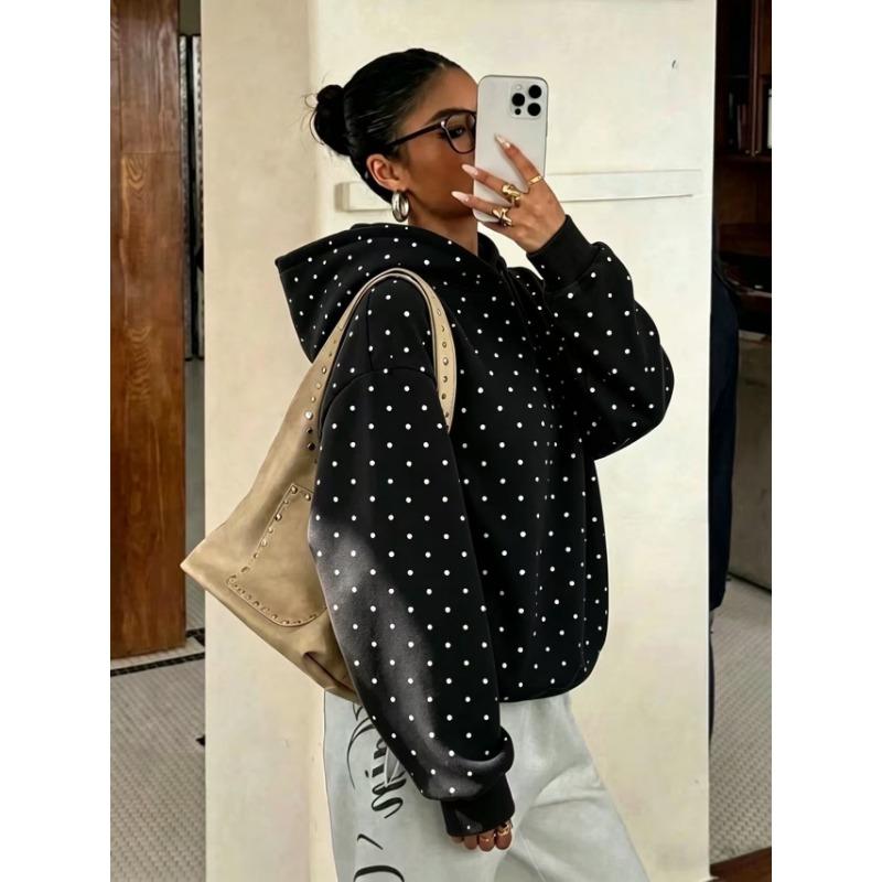 Women S Loose Fit Polka Dot Print Hooded Sweatshirt