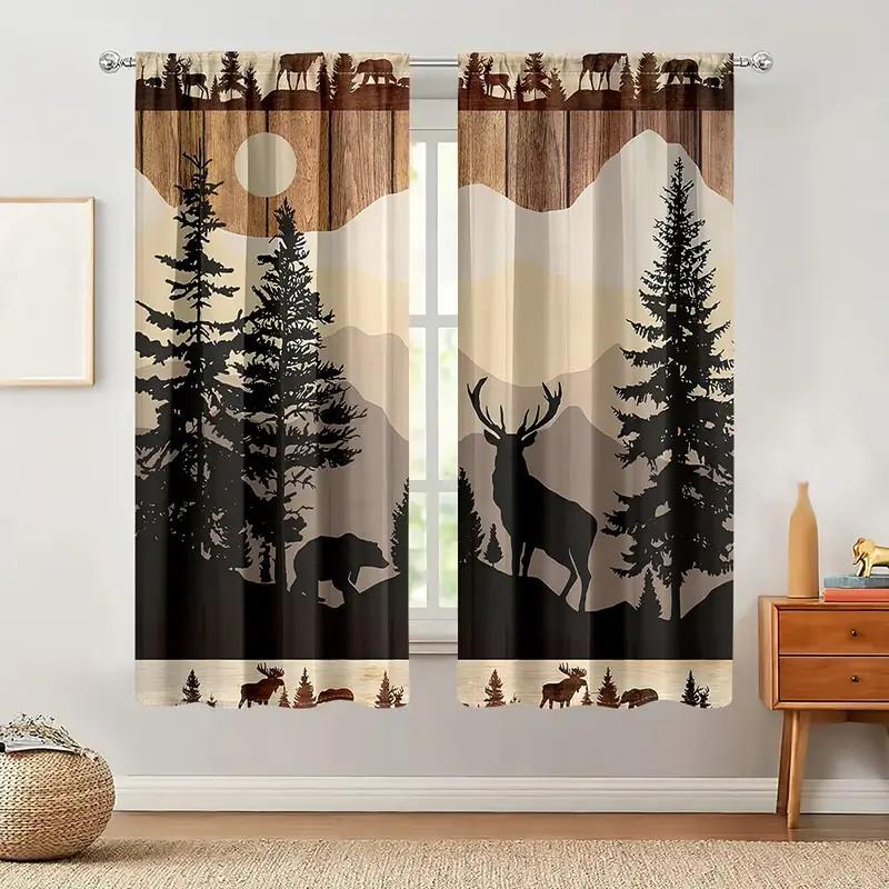Rustic Wildlife Deer Curtains Polyester Living Room Cabin Decor Holiday Window Darkening Set Of 2 Made With Pole Pocket