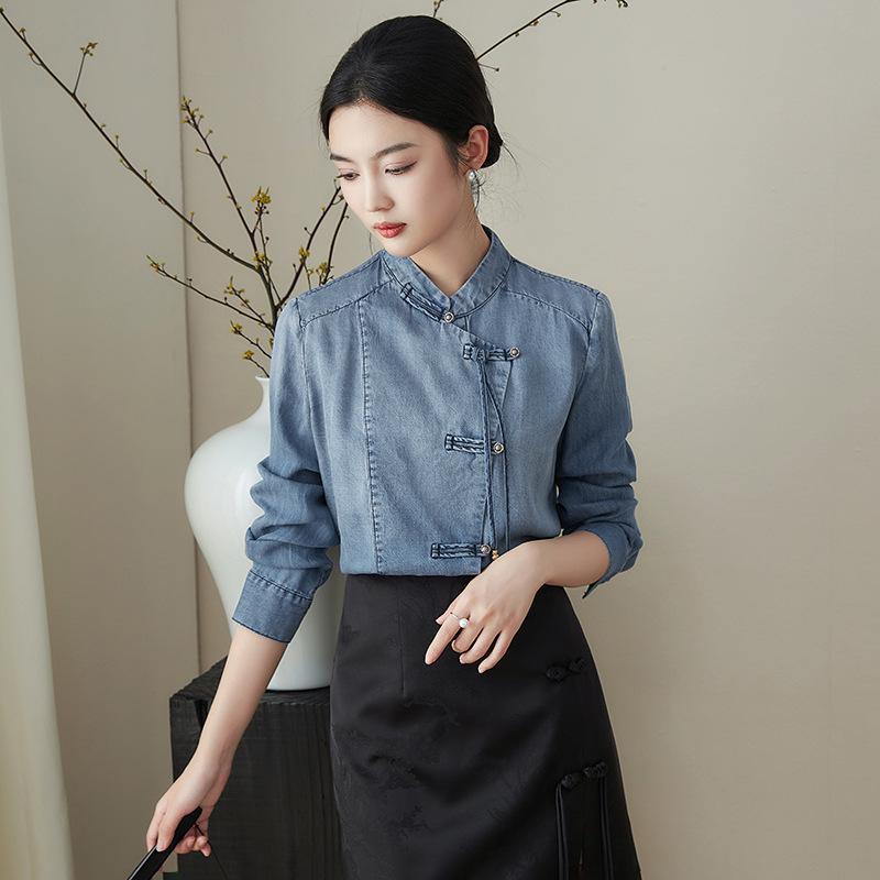 Spring/Summer Elegant Chinese Tencel Denim Shirt for Women