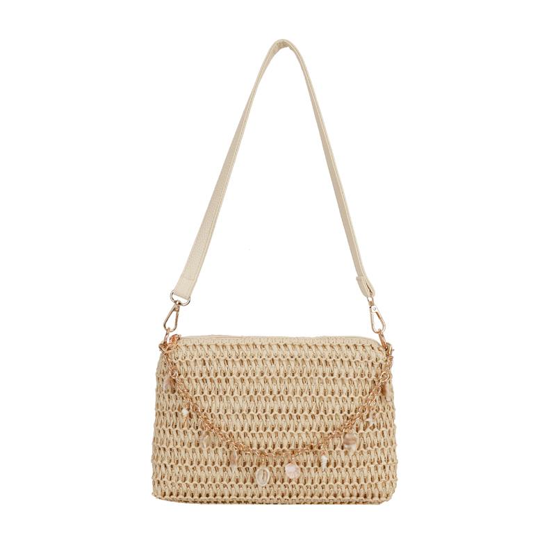 Zomer Geweven Stro Schoudertas voor Dames Casual Strandvakantie Handtas met Schelp Ketting Decoratie Onderarmtas beige