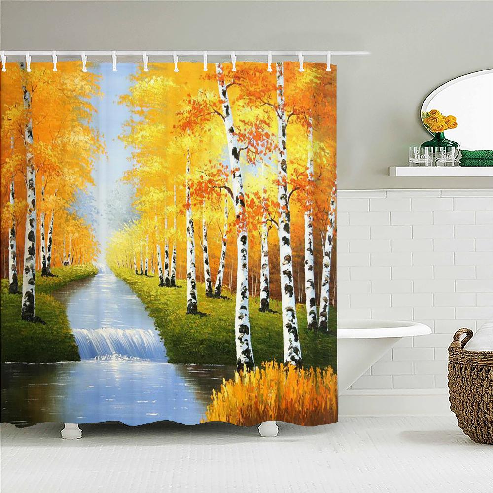 Natural landscape Shower Curtain Decor Waterproof Fabric Bathroom Curtains Painting Forest Seaside Scenery Bath Screen with Hook