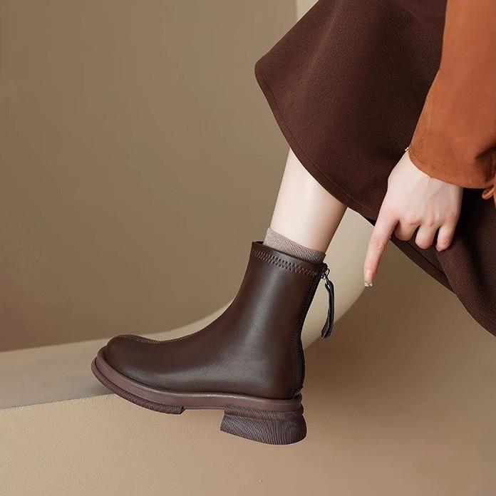 Soft Leather Martin Boots Women's Autumn and Winter 2025 Versatile New Chelsea Boots Women's French Short Boots Women's Thick Heel Thin Boots
