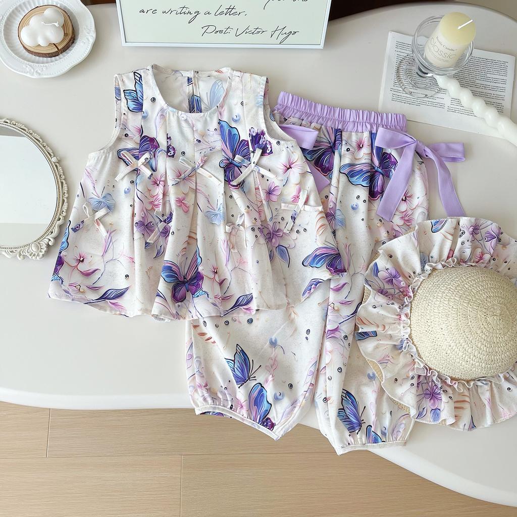 Girls Summer Floral Vest 3 Piece Set With Shorts And Long Pants Casual Outfit