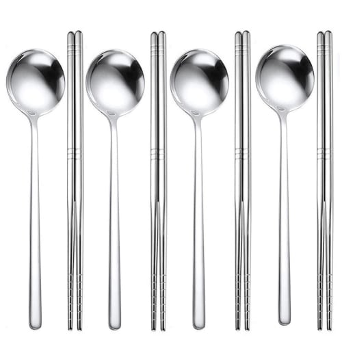 KXLCGYK Spoon and Chopsticks Set of 4, 18-8 Stainless Steel, Korean Spoons, Square Chopsticks, Lightweight Hollow Chopsticks, Korean Tableware, Curry