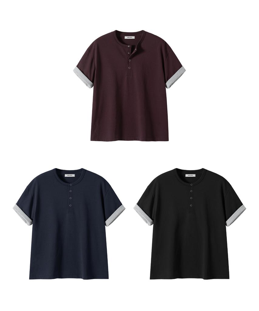 BRENSON Comfort Color Block Roll-Up Crop Henley Neck Short Sleeve Tee ( 3 Colors )