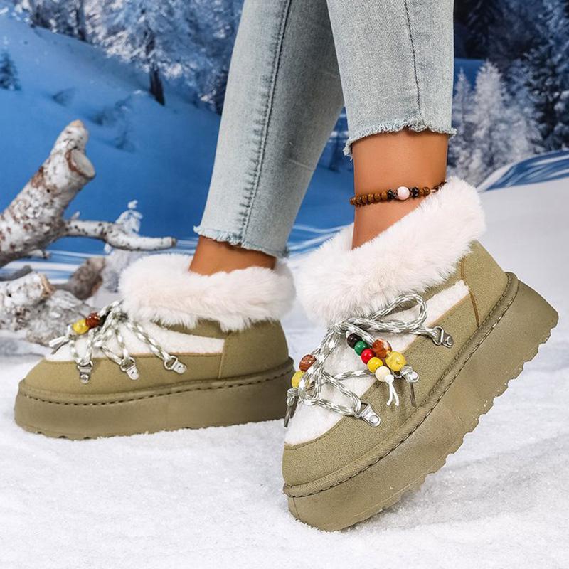 Bohemian Lace Up String Bead Snow Boots Women Winter Soft Faux Fur Warm Ankle Boots Woman Plus Size36-43 Platform Botas Mujer