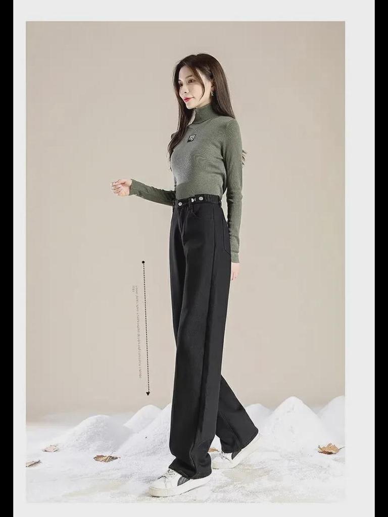 Women's Plush High-Waist Wide-Leg Jeans - Slim, Warm, All-Match Loose Straight Fit for Autumn/Winter