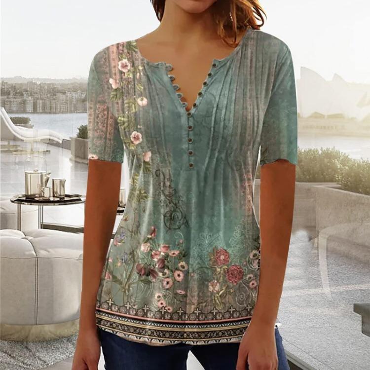 

Floral Print Color Block Tunic Tops For Women Casual Loose Pullover Shirt Pleated Short Sleeve Crewneck Buttons Blouse S зелёный