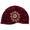 Luxuriöse Damen-Turban-Kappe aus Samt mit Strass und Blumenmuster