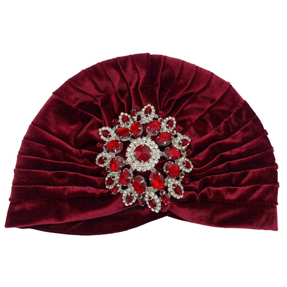 Luxuriöse Damen-Turban-Kappe aus Samt mit Strass und Blumenmuster