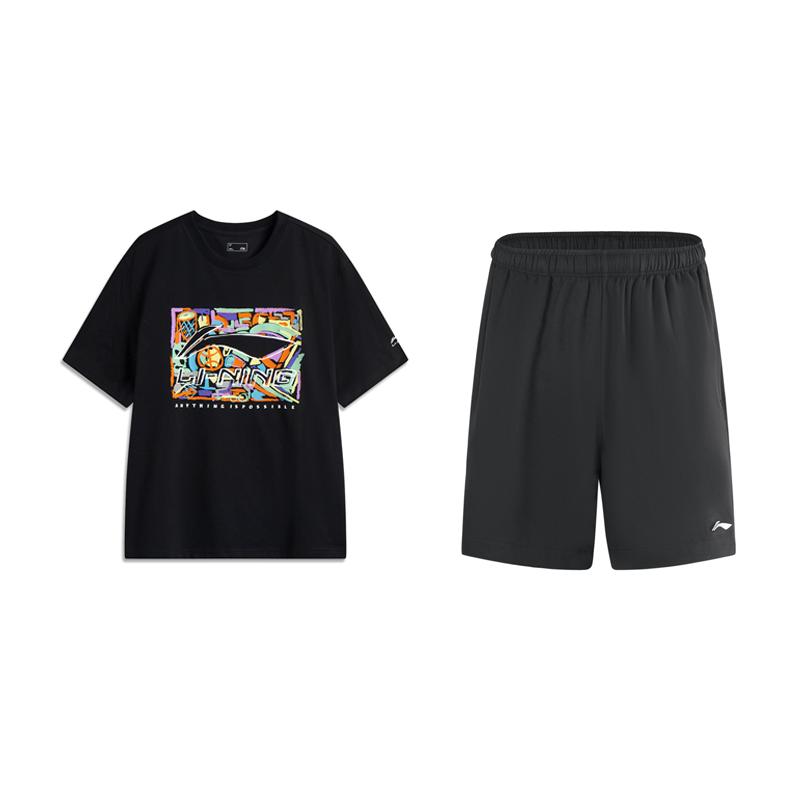 

Li-Ning Fashion Print Breathable Sweat-Absorbing Logo Short Sleeve Simple Versatile Elastic Shorts Casual Sports Suit AHSV291-2+AKSU923-1 L