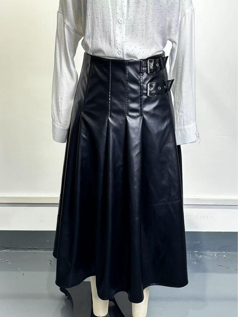 Damen A-Linien PU-Leder Midi-Rock, Geraffter Glockensaum, Hohe Taille, Modekollektion 2025
