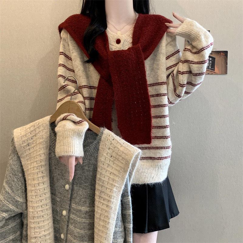 Women's Striped Knit Cardigan: Loose Fit, Round Neck Shawl, Autumn/Winter Korean Style Sweater