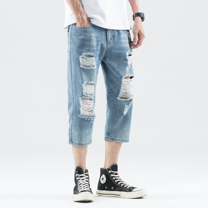 Pierced Jeans Men's Summer Thin Capri 