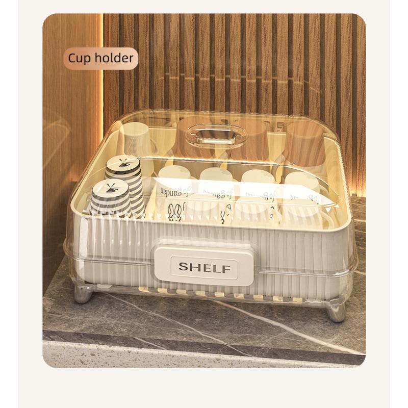 Kitchen Drain Rack, Large-capacity Dishware Storage Box, Dust-proof with Cover, Countertop Tableware Storage and Organization