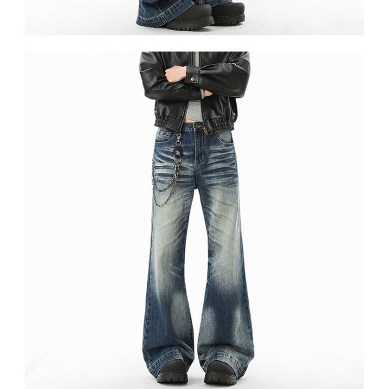 Mens Blue Washed Denim Jeans Slim Flare Vintage Streetwear Pants