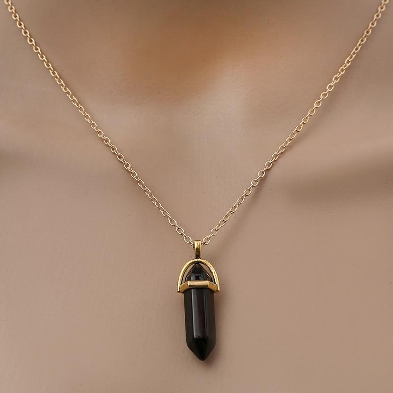 Fashion Quartz Crystal Necklace Chakra Rose Bule Purple Natural Stone Pendant Necklace Hexagonal Bullet Reiki Hippie Necklace