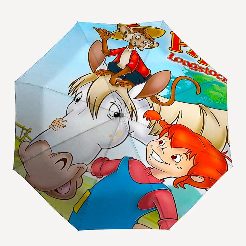 Ombrello da Viaggio a Tema Pippi Calzelunghe - 8 Stecche, Apertura e Chiusura Automatiche, Design Pieghevole Portatile, Ombrello Compatto ed Elegante Adatto