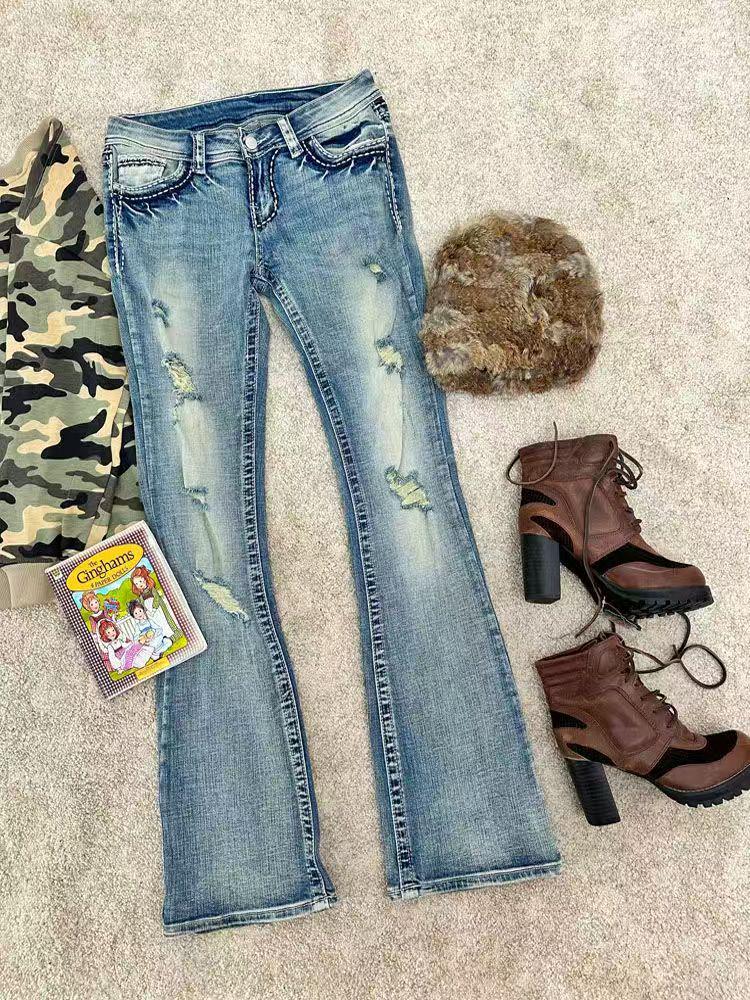 Tall Girl Low Waist Ripped Micro Flare Jeans - Slim Fit Summer Pants
