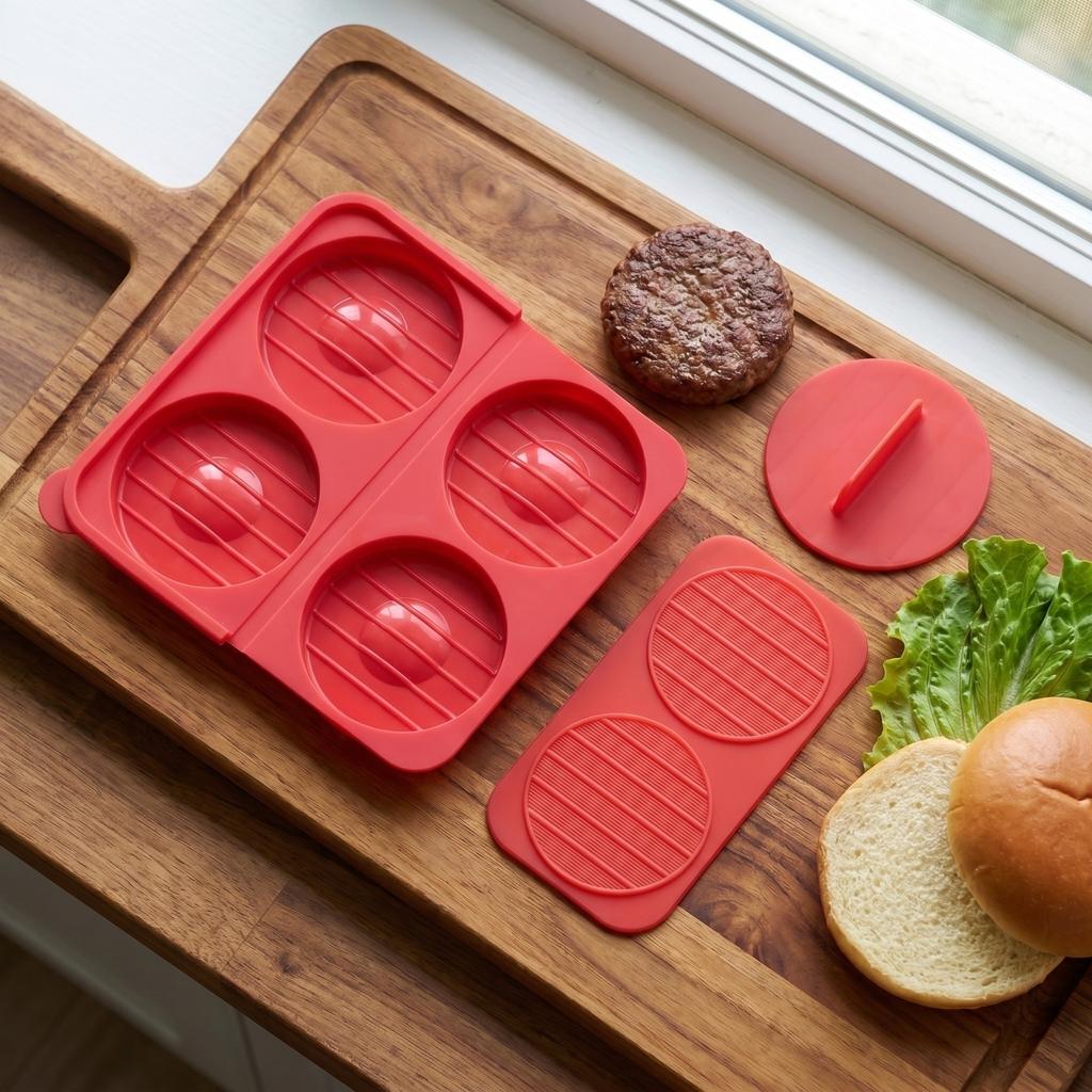 Składany silikonowy zestaw 3 foremek do burgerów z plastikowym dzielnikiem i dociskiem do równomiernego smażenia kotletów Mięsnych Narzędzie do gotowania