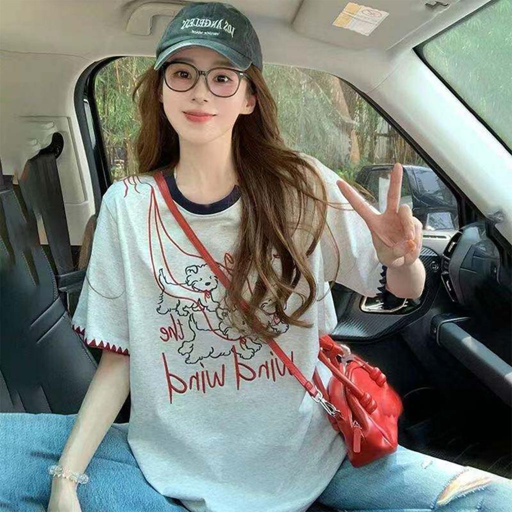Cartoon Embroidery Versatile Loose Cotton Short-sleeved T-shirt for Women