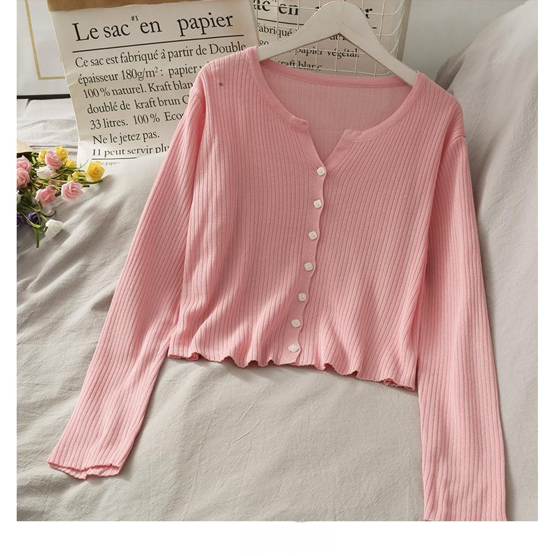 

Sweet wind round neck exposed collarbone short single-breasted knitted sweater women s autumn long-sleeved slim-fitting and thin bottoming shirt One Size рожевий