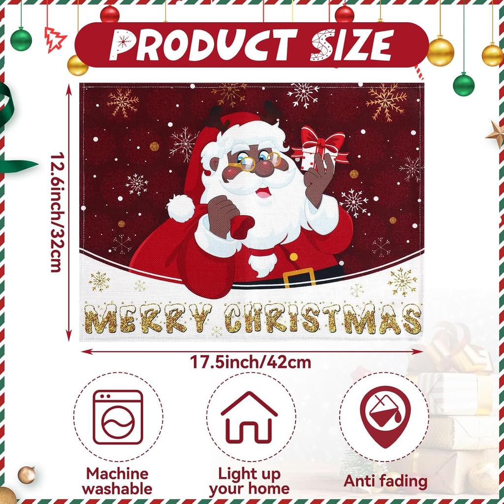 DECYOOL n n Christmas Placemats Set of 4, 12.5x17 Inch Black Santa Christmas Table Mats Merry Christmas Place Mats for Kitchen Xmas Party Winter Home
