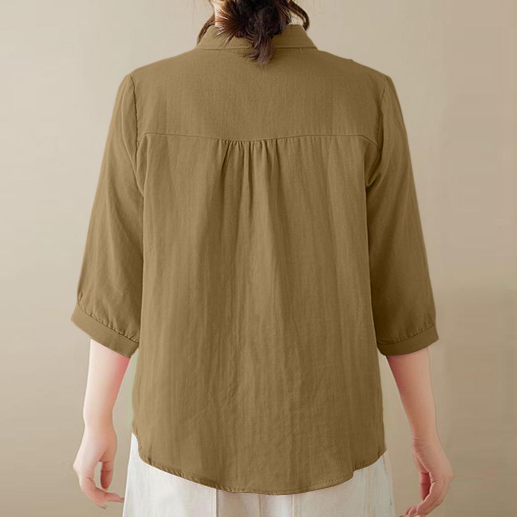 Women's Color Casual Button Shirt Loose Cotton And Linen Shirt Top