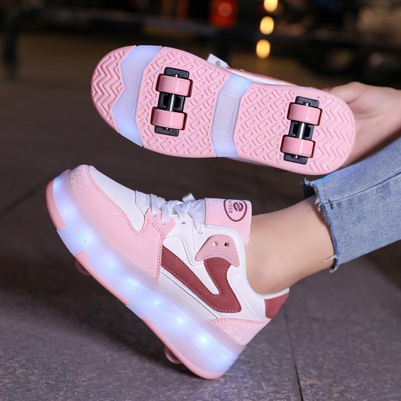 29-40 Zapatos Deportivos Planos Desmontables de Cuatro Ruedas para Niños Zapatos Deportivos Luminosos LED Recargables Patines de Cuatro Ruedas
