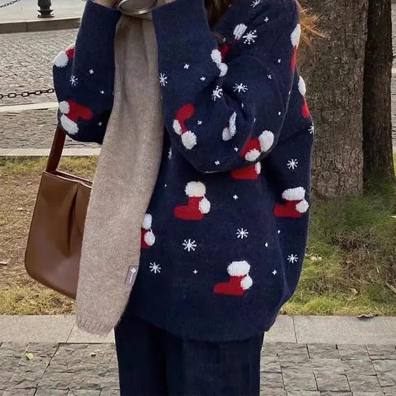 Schneeflocke Christma O-Ausschnitt Pullover Damenmode Langarm Herbst Winter Socken Print Strickpullover Chic Lady Jumper