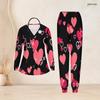 Women Plus Size Black Pink Heart Printed Nurse Scrub Set V Neck Long Sleeve Top With Pocket Long Pants