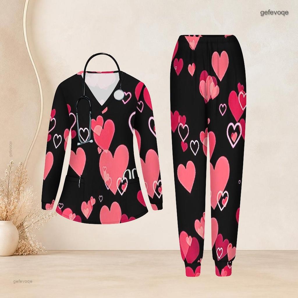 Women Plus Size Black Pink Heart Printed Nurse Scrub Set V Neck Long Sleeve Top With Pocket Long Pants