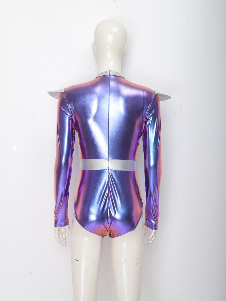 Rollkragen Langarm Metallisch Farbblock Body Unsichtbarer Reißverschluss Hinten Trikot Damen Alien Cosplay Bühnenperformance Kostüm