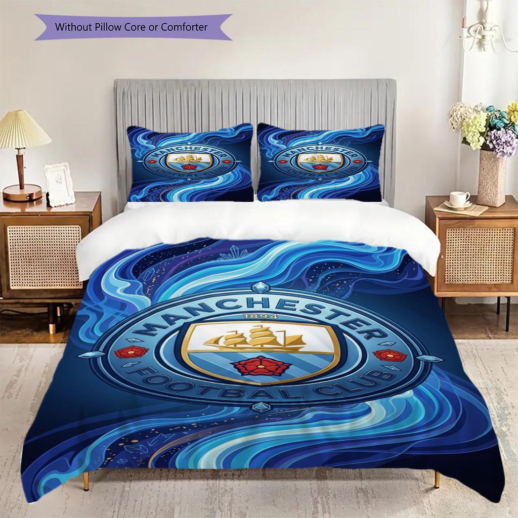 Manchester City Emblem Three-piece Set (1 * Duvet Cover + 2 * Pillowcase, Without Core) 2DFlat Duvet Cover and Pillowcase Christmas Birthday Gift