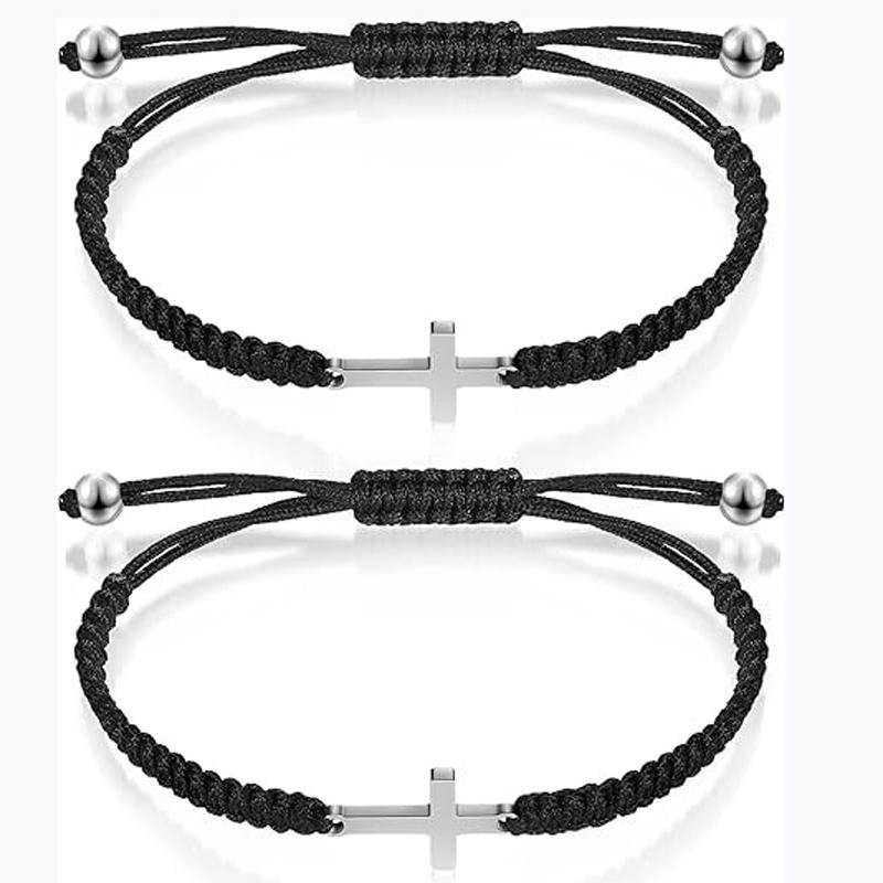 2 Pieces Friendship Cross Bracelet Black String Rope Braided Bracelet Cross Handmade Matching Couple Bracelets for Women Men