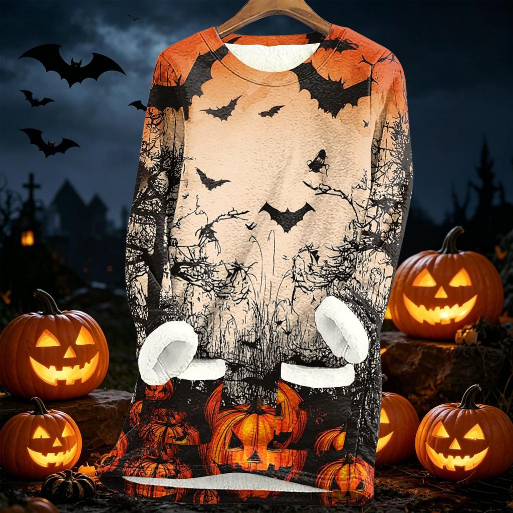 Women's Long Sleeve Pullover Fleece Lined Sweatshirt Cozy Thick Warm Lamb Wool Autumn Winter Top Halloween Print
