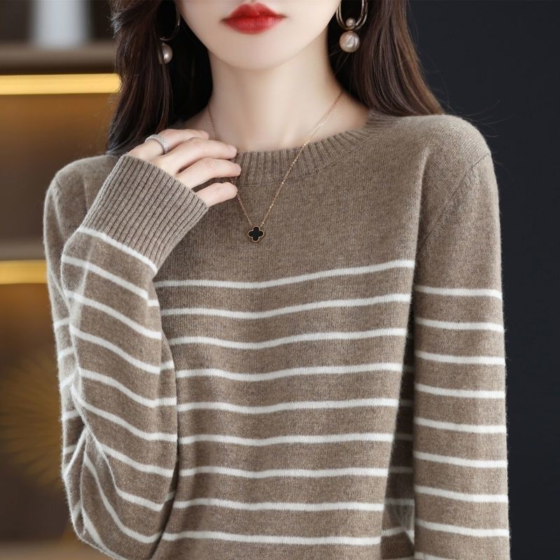 

Женский свитер в полоску, подходящий по цвету, с круглым вырезом, большой размер, свободный, с длинным рукавом, вязаный свитер большого размера XS дубильная кора