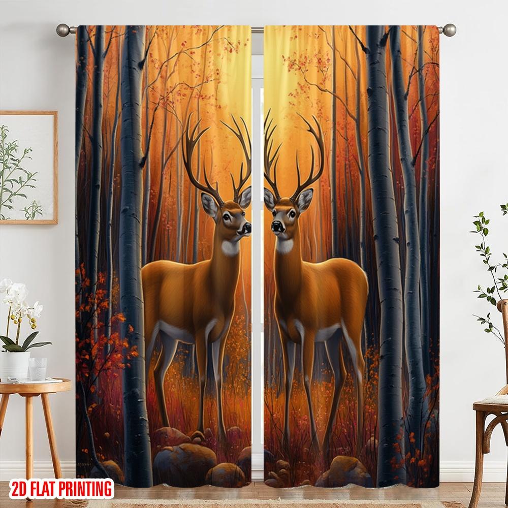 2ks, 2D plošný tisk Záclonová látka Jelen Podzimní les Západ slunce (3) Všestranný 100% polyester (bez tyče) Art Deco Slavnostní Použití